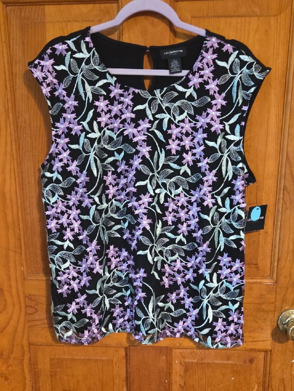 Liz Claiborne Black Top with Lavender and Mint Floral Embroidery